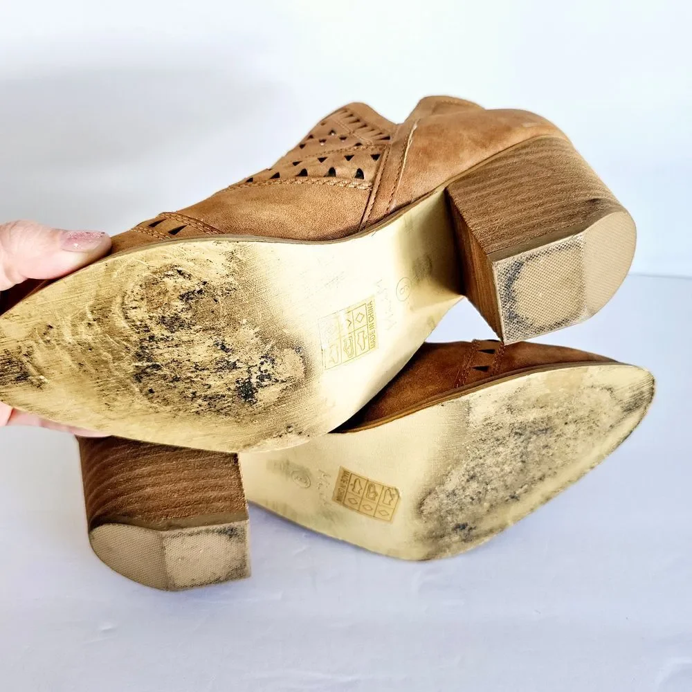 Mi.iM Womens Sz 9 Suede Leather Cut-Out Camel Pull On Ankle Boots - Sh347.2‎